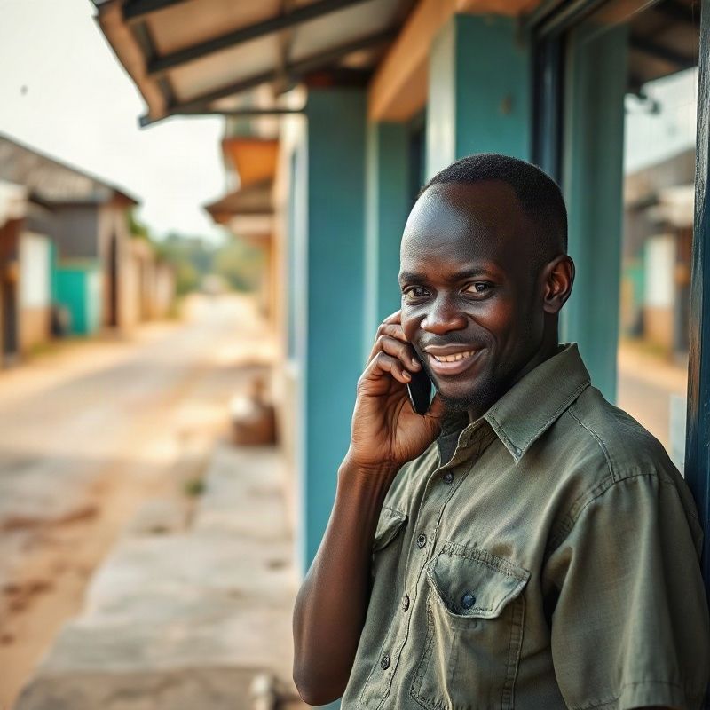 A friendly Kenyan business owner on the phone in front of a teal-painted Kitale shopfront